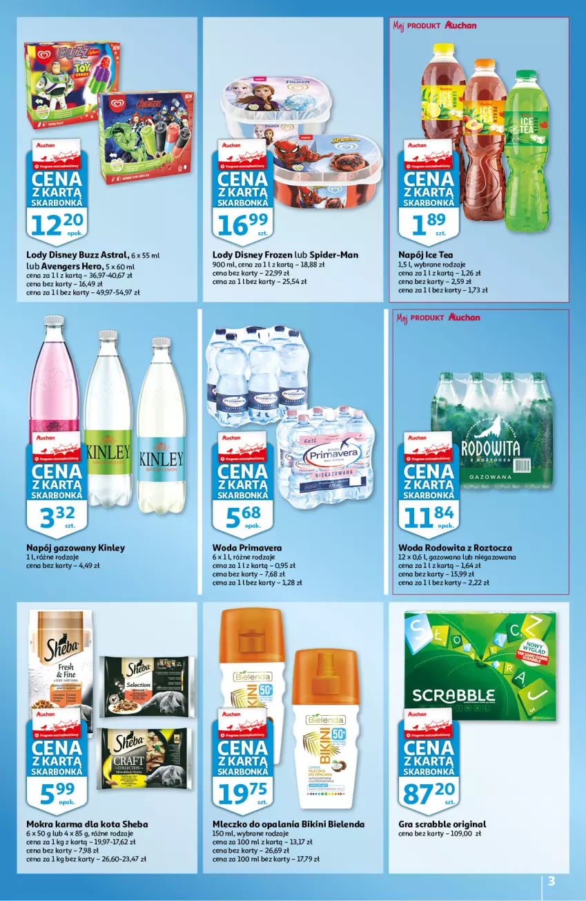 Gazetka promocyjna Auchan - Skarbonka #17 - ważna 28.04 do 04.05.2022 - strona 3 - produkty: Avengers, Bielenda, Bikini, Disney, Frozen, Gin, Gra, HP, Ice tea, Lody, Mąka, Mleczko, Mokra karma, Napój, Napój gazowany, Prima, Primavera, Scrabble, Sheba, Woda