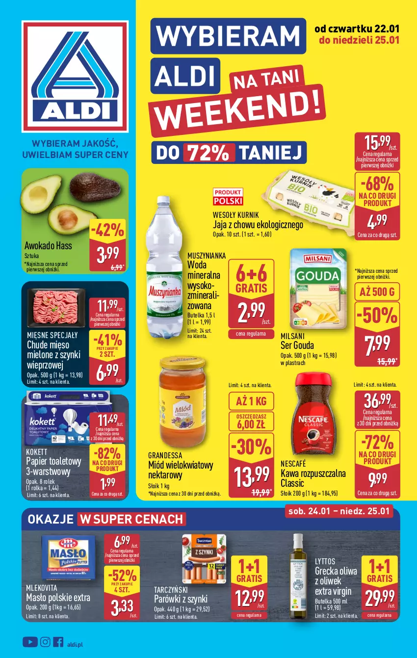 Gazetka promocyjna Aldi - Oferta weekendowa - ważna 22.01 do 25.01.2026 - strona 1 - produkty: Gin, Gouda, Gra, Jaja, Kawa, Kawa rozpuszczalna, Masło, Mięsne specjały, Mięso, Mięso mielone, Mięso mielone z szynki, Miód, Mleko, Mlekovita, Mus, Muszynianka, Nektar, Nescafé, Oliwa, Papier, Papier toaletowy, Parówki, Parówki z szynki, Ser, Sok, Tarczyński, Woda, Woda mineralna