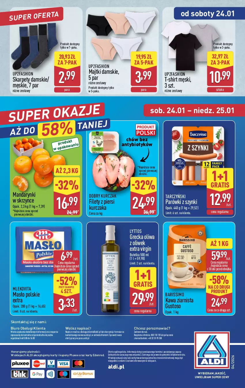 Gazetka promocyjna Aldi - Oferta weekendowa - ważna 22.01 do 25.01.2026 - strona 13 - produkty: Biuro, Fa, Gin, Gra, Karp, Kawa, Kawa ziarnista, Kurczak, Majtki, Mandarynki, Masło, Mleko, Mlekovita, O nas, Oliwa, Oliwa z oliwek, Parówki, Parówki z szynki, Por, T-shirt, Tarczyński