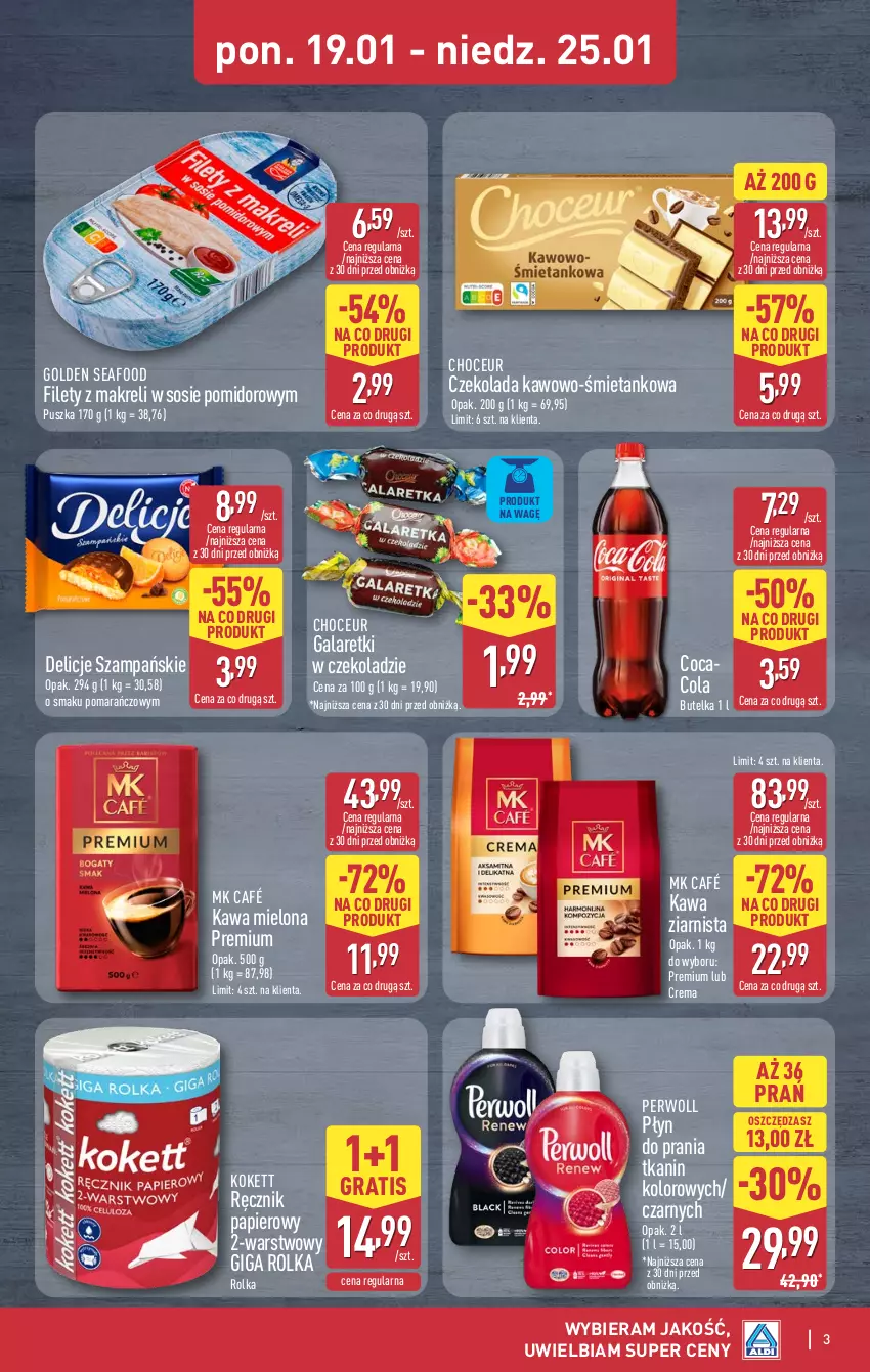 Gazetka promocyjna Aldi - Oferta weekendowa - ważna 22.01 do 25.01.2026 - strona 3 - produkty: Czekolada, Delicje, Gala, Galaretki, Golden Seafood, Gra, Kawa, Kawa mielona, Kawa ziarnista, Papier, Perwoll, Ręcznik, Sos