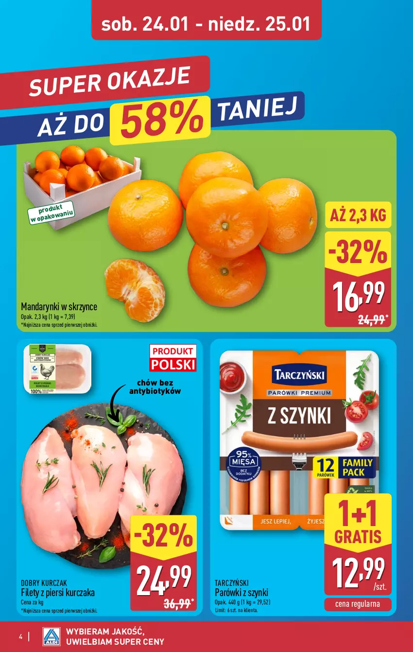 Gazetka promocyjna Aldi - Oferta weekendowa - ważna 22.01 do 25.01.2026 - strona 4 - produkty: Gra, Kurczak, Mandarynki, Parówki, Parówki z szynki, Tarczyński