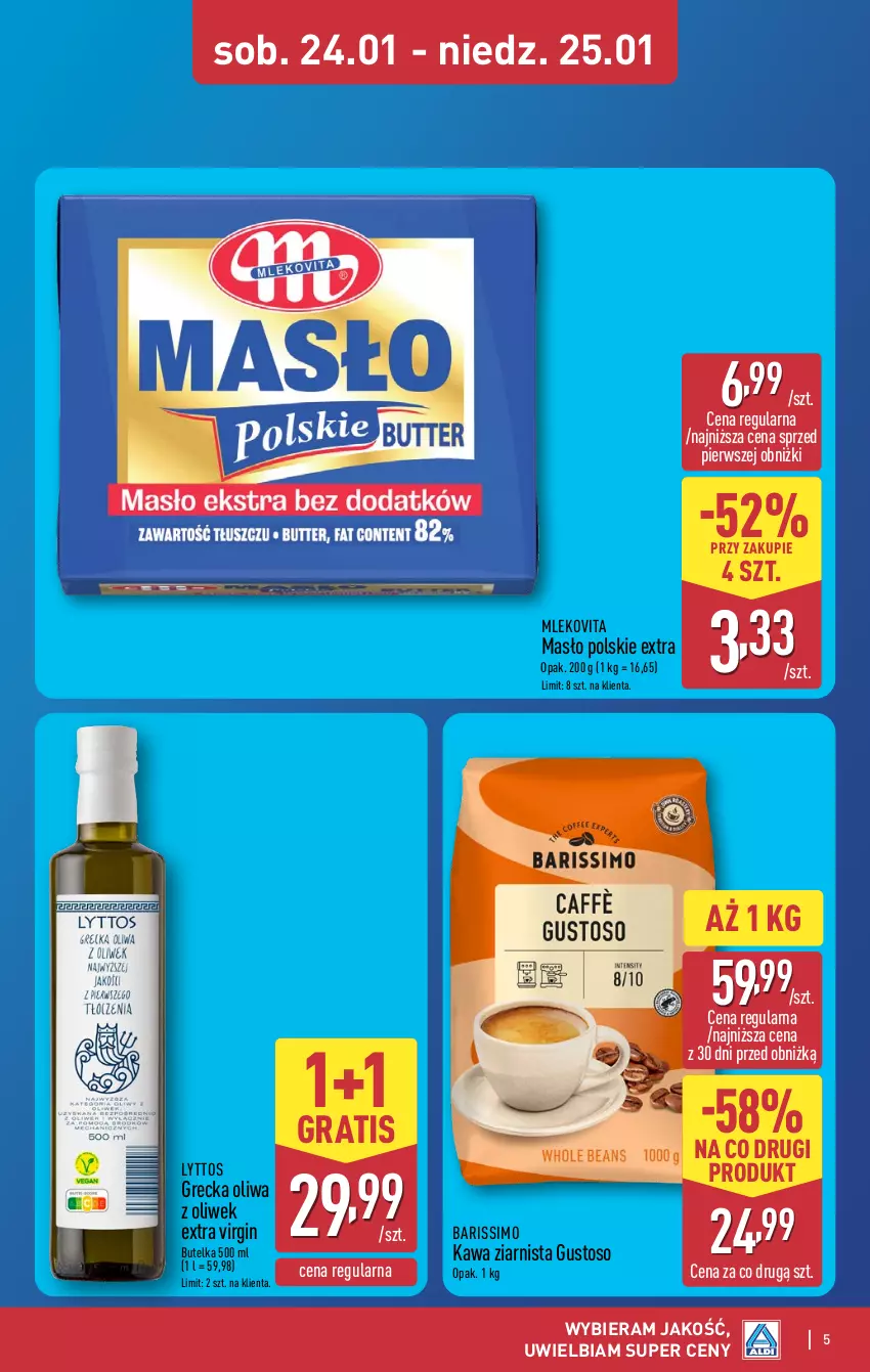 Gazetka promocyjna Aldi - Oferta weekendowa - ważna 22.01 do 25.01.2026 - strona 5 - produkty: Gin, Gra, Kawa, Kawa ziarnista, Masło, Mleko, Mlekovita, Oliwa, Oliwa z oliwek