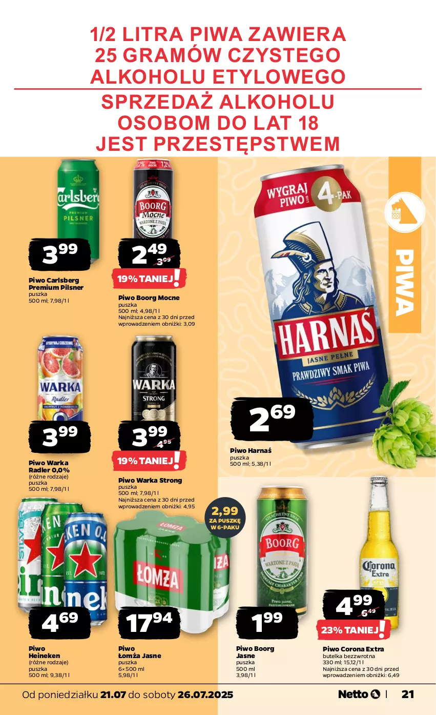Gazetka promocyjna Netto - Od Poniedziałku - ważna 21.07 do 26.07.2025 - strona 21 - produkty: Carlsberg, Corona Extra, Gra, Harnaś, Heineken, Piwa, Piwo, Radler, Warka