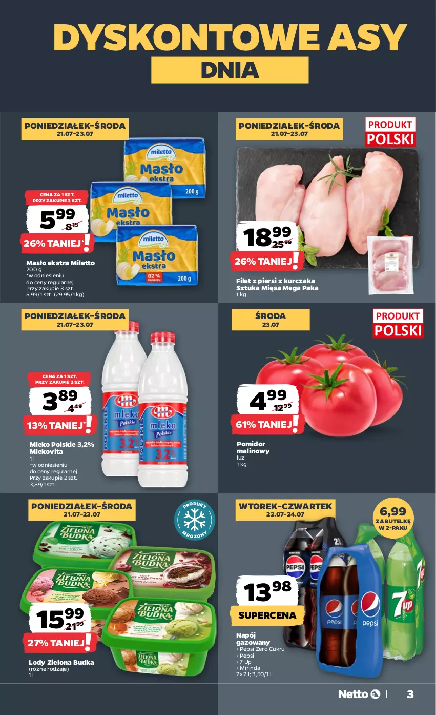 Gazetka promocyjna Netto - Od Poniedziałku - ważna 21.07 do 26.07.2025 - strona 3 - produkty: Kurczak, Lody, Masło, Mirinda, Mleko, Mlekovita, Napój, Napój gazowany, Pepsi, Pomidor malinowy, Zielona Budka