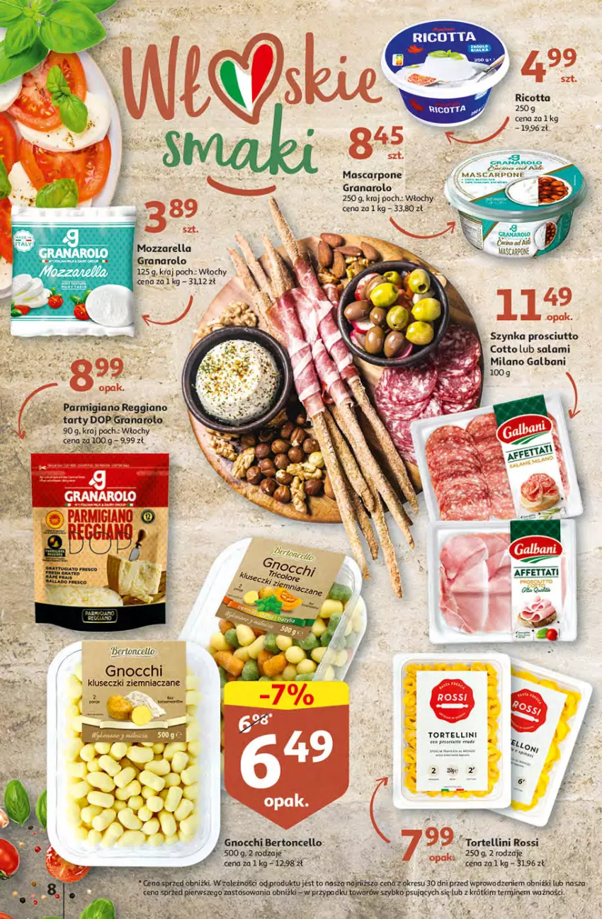 Gazetka promocyjna Auchan - Gazetka KORZYŚCI z kartą SKARBONKA Hipermarket Auchan - ważna 02.02 do 08.02.2023 - strona 8 - produkty: Galbani, Gnocchi, Gra, Mascarpone, O nas, Prosciutto, Ricotta, Salami, Szal, Szynka