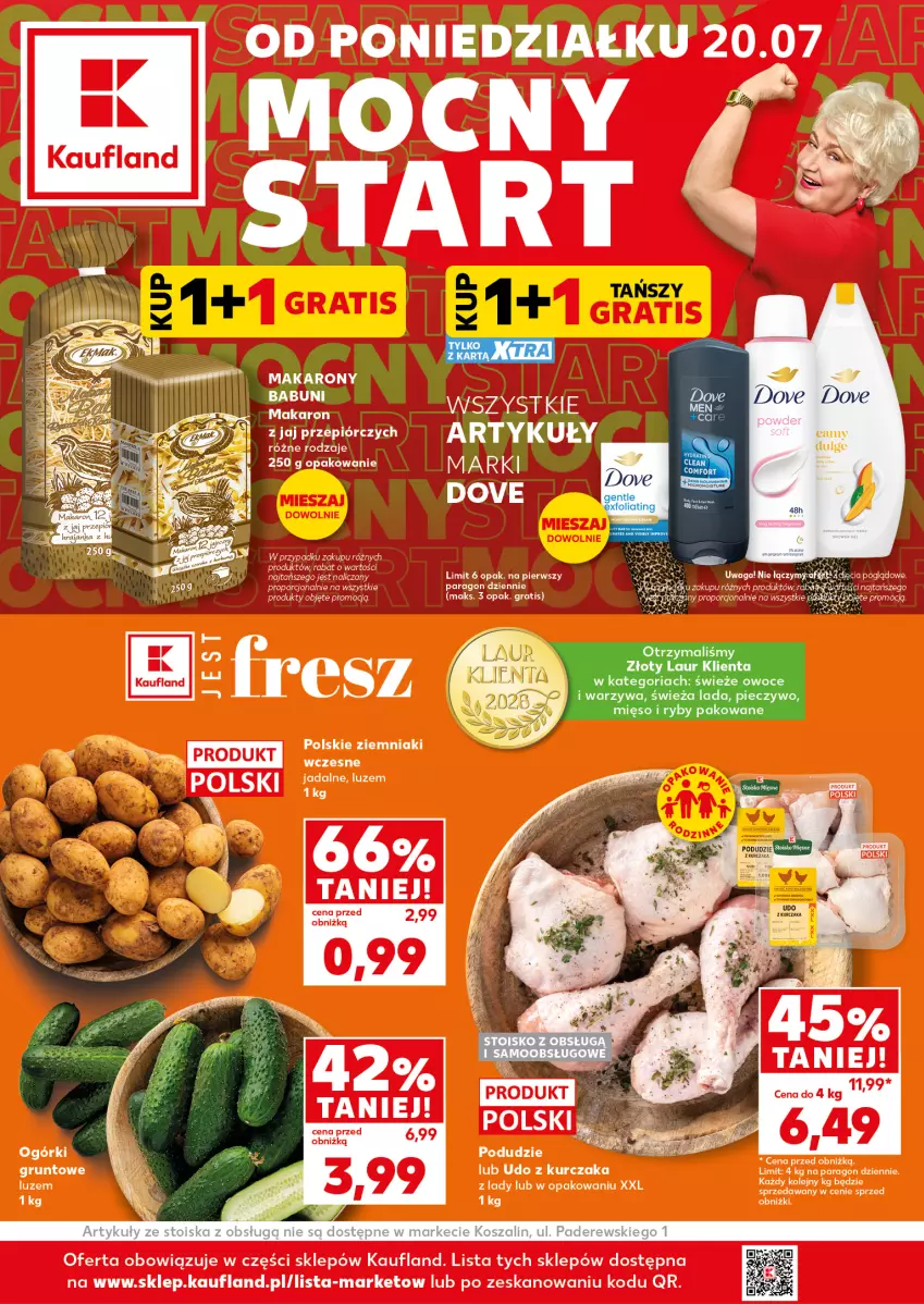 Gazetka promocyjna Kaufland - Mocny Start - ważna 20.07 do 22.07.2026 - strona 1 - produkty: BIC, Dove, Kurczak, Laur, Makaron, Mięso, Olej, Owoce, Udo z kurczaka, Ziemniaki