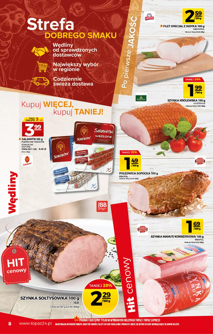 Gazetka promocyjna Topaz - Gazetka - ważna 29.04 do 05.05.2021 - strona 8 - produkty: Pekpol, Salami, Ser, Sok, Sokołów, Szynka, Szynka Królewska