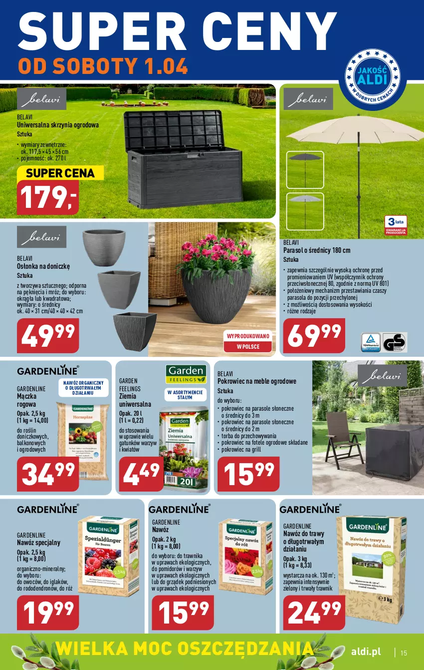 Gazetka promocyjna Aldi - COŚ na przyszły tydzień - ważna 29.03 do 01.04.2023 - strona 15 - produkty: Fotel, Grill, Meble, Nawóz, Osłonka, Parasol, Pokrowiec, Por, Sok, Torba