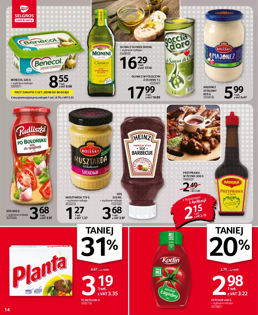 Gazetka promocyjna Selgros - Oferta spożywcza - ważna 30.09 do 13.10.2021 - strona 14 - produkty: Benecol, Ketchup, Majonez, Mus, Musztarda, Oliwa z oliwek, Przyprawa w płynie, Sos