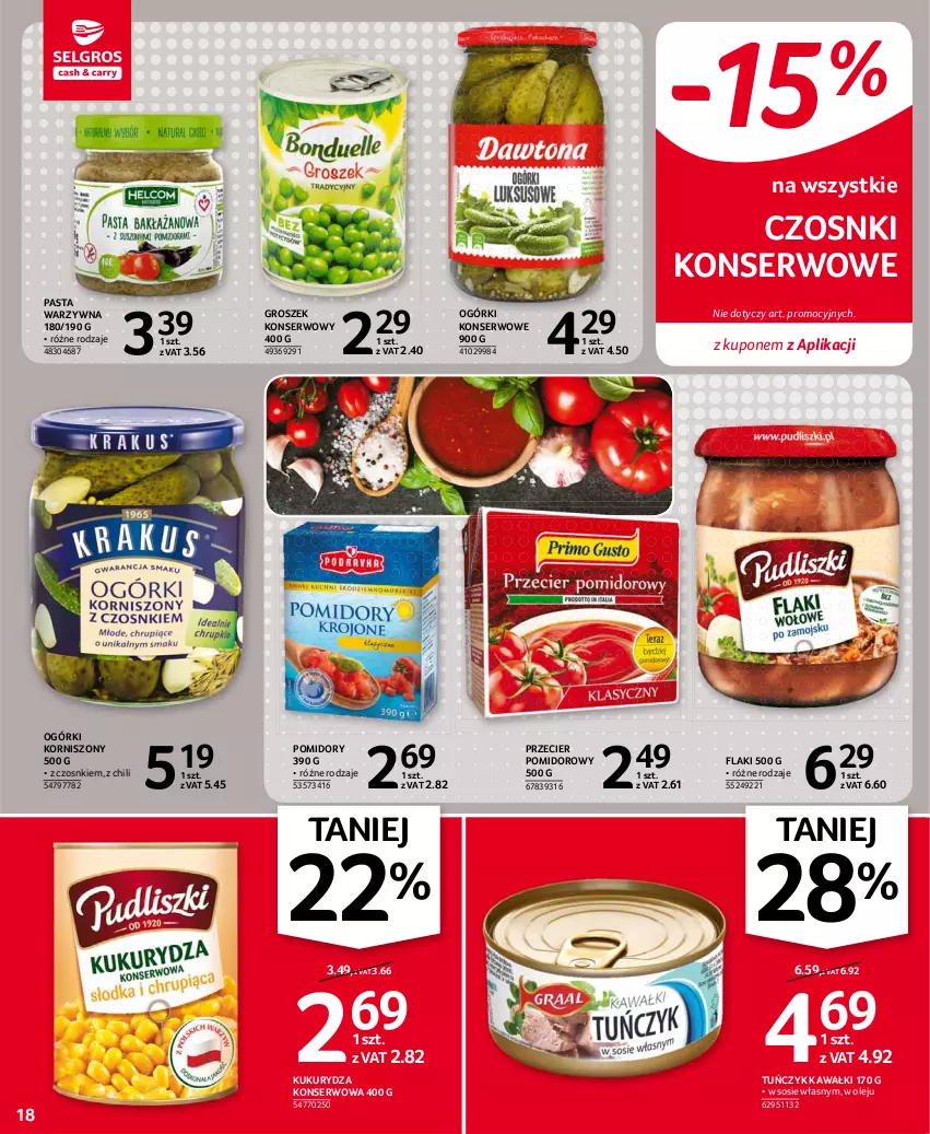 Gazetka promocyjna Selgros - Oferta spożywcza - ważna 30.09 do 13.10.2021 - strona 18 - produkty: Flaki, Groszek, Kawa, Korniszony, Kukurydza, Kukurydza konserwowa, Ogórki konserwowe, Olej, Pasta warzywna, Pomidory, Ser, Sos, Tuńczyk