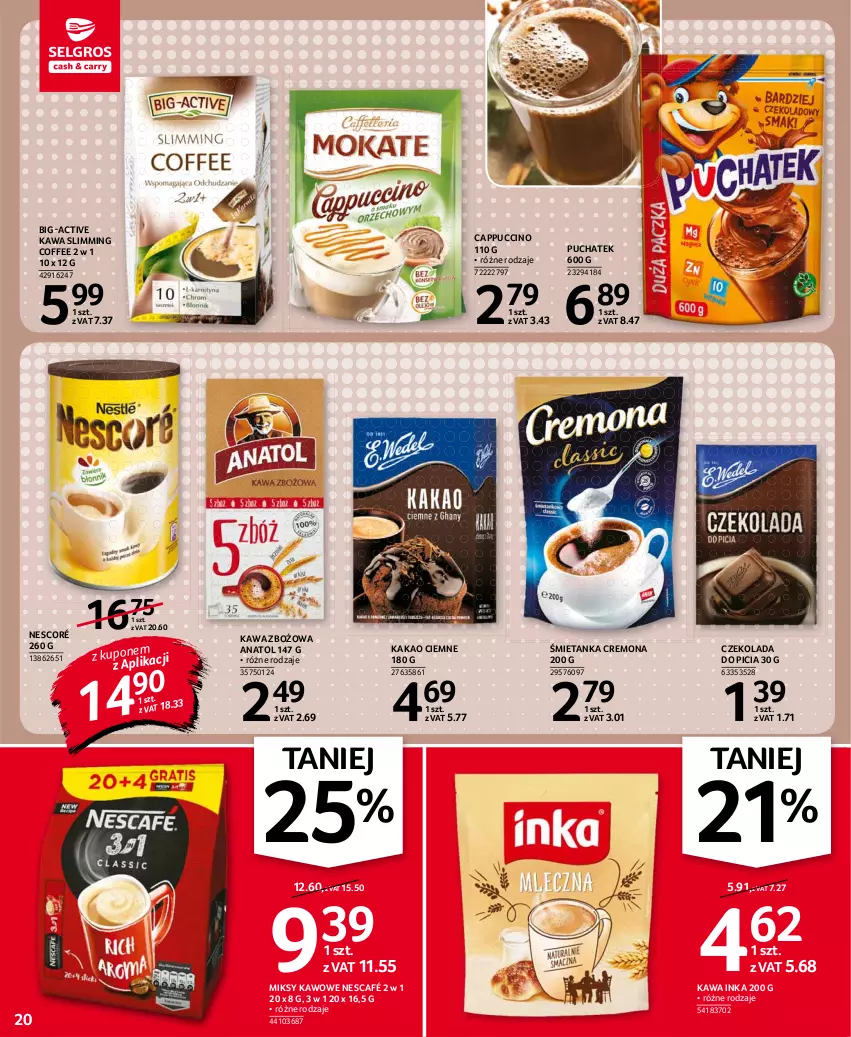 Gazetka promocyjna Selgros - Oferta spożywcza - ważna 30.09 do 13.10.2021 - strona 20 - produkty: Cappuccino, Czekolada, Inka, Kakao, Kawa, Kawa zbożowa, Nescafé