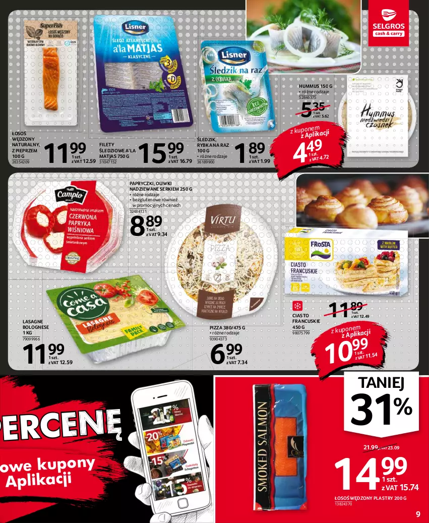 Gazetka promocyjna Selgros - Oferta spożywcza - ważna 30.09 do 13.10.2021 - strona 9 - produkty: Ciasto francuskie, Hummus, Lasagne, Lasagne bolognese, Matjas, Mus, Oliwki, Pieprz, Pizza, Rybka na raz, Ser