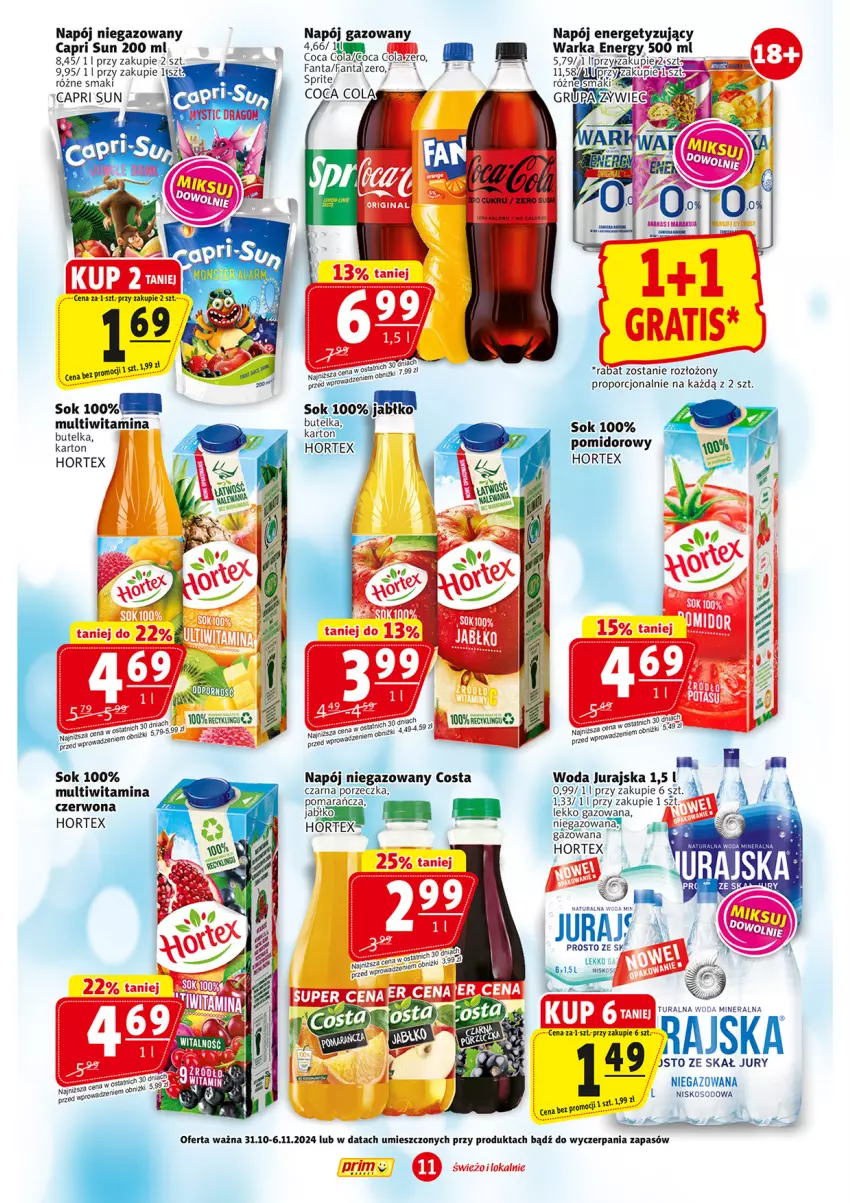 Gazetka promocyjna Prim Market - ważna 31.10 do 06.11.2024 - strona 11 - produkty: Fa, Fanta, Hortex, HP, Napój, Napój gazowany, Napój niegazowany, Por, Sok, Sprite, Warka, Woda, Woda mineralna