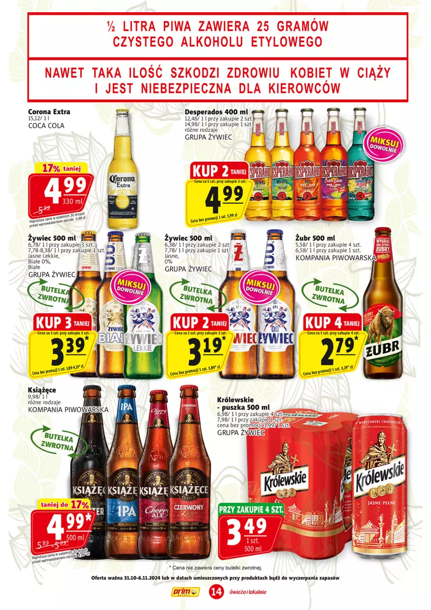 Gazetka promocyjna Prim Market - ważna 31.10 do 06.11.2024 - strona 14 - produkty: Corona Extra, Desperados, Królewski, Książęce, Piwo