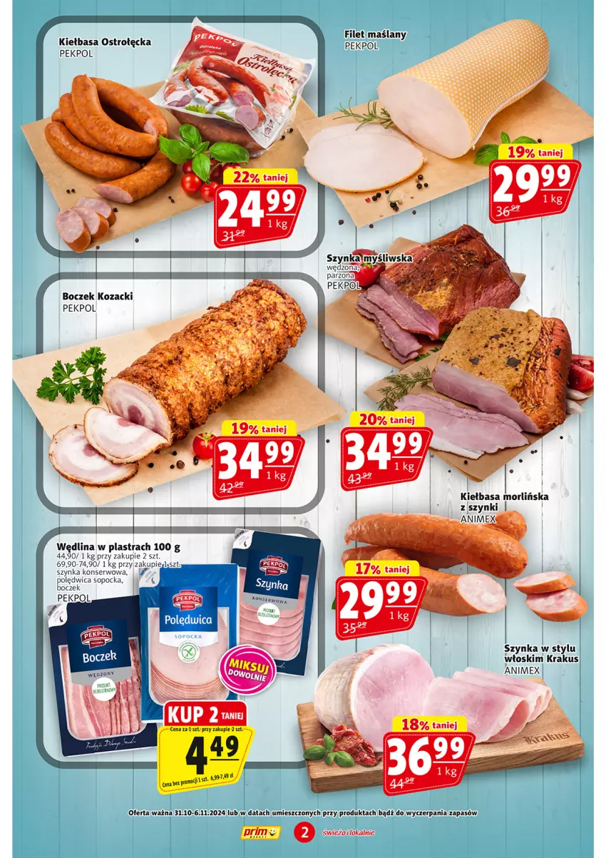 Gazetka promocyjna Prim Market - ważna 31.10 do 06.11.2024 - strona 2 - produkty: Boczek, Kiełbasa, Krakus, Pekpol, Ser, Szynka, Szynka konserwowa, Wędlina