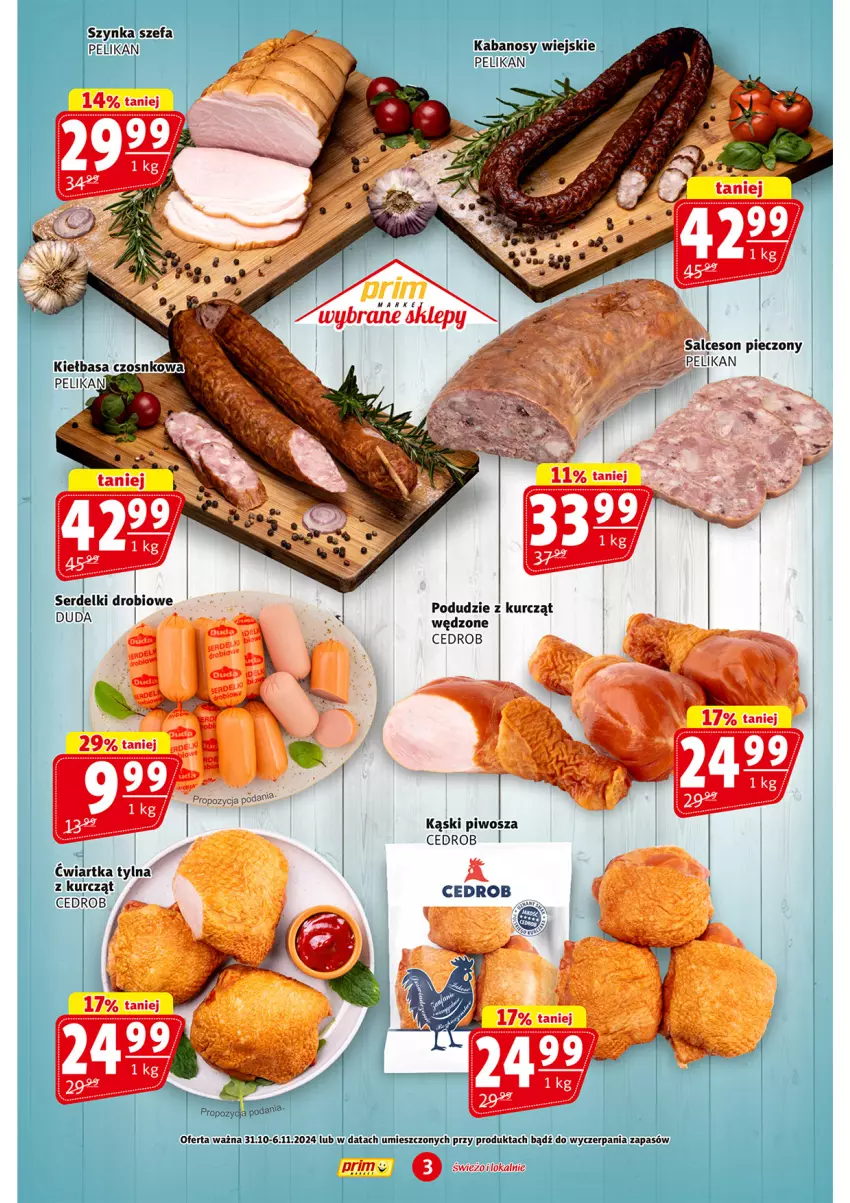 Gazetka promocyjna Prim Market - ważna 31.10 do 06.11.2024 - strona 3 - produkty: Fa, Kabanos, Kiełbasa, Piwo, Ser, Serdelki, Szynka