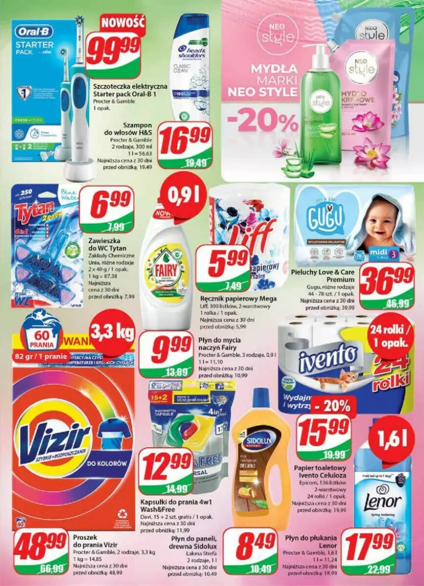 Gazetka promocyjna Dino - ważna 18.10 do 24.10.2023 - strona 16 - produkty: Fa, Fairy, Gra, Kapsułki do prania, Lenor, Papier, Papier toaletowy, Pieluchy, Płyn do mycia, Płyn do płukania, Proszek do prania, Ręcznik, Rolki, Sidolux, Szampon, Szczoteczka, Tytan, Vizir, Zawieszka do wc