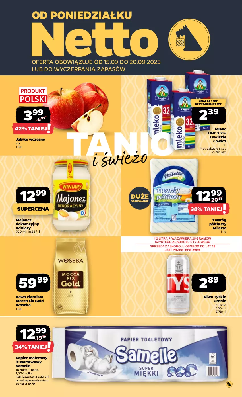 Gazetka promocyjna Netto - Od Poniedziałku - ważna 15.09 do 20.09.2025 - strona 1 - produkty: Gra, Kawa, Kawa ziarnista, Majonez, Mleko, Mocca Fix Gold, Papier, Papier toaletowy, Piwa, Piwo, Twaróg, Twaróg półtłusty, Tyskie, Winiary, Woseba