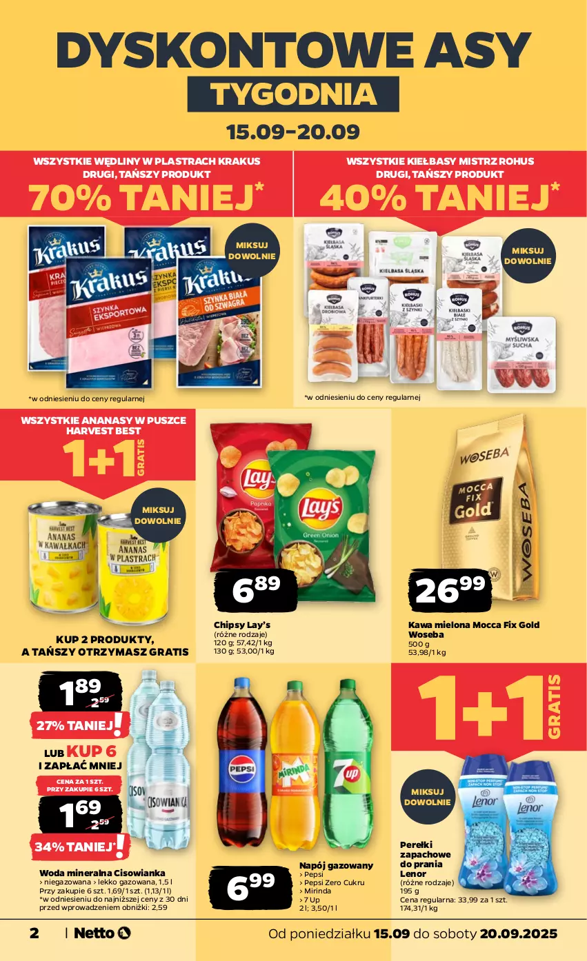 Gazetka promocyjna Netto - Od Poniedziałku - ważna 15.09 do 20.09.2025 - strona 2 - produkty: Ananas, Chipsy, Cisowianka, Gra, Kawa, Kawa mielona, Krakus, Lay’s, Lenor, Mirinda, Mocca Fix Gold, Napój, Napój gazowany, Pepsi, Perełki zapachowe, Woda, Woda mineralna, Woseba
