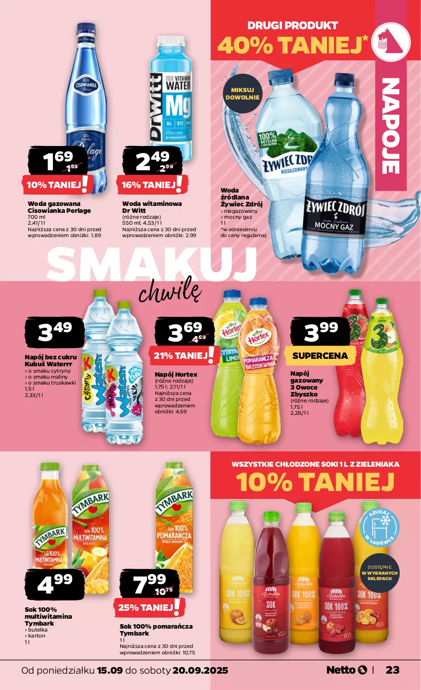 Gazetka promocyjna Netto - Od Poniedziałku - ważna 15.09 do 20.09.2025 - strona 23 - produkty: Cisowianka, Cytryny, Hortex, Kubuś, Kubuś Waterrr, LANA, Maliny, Napój, Napój gazowany, Napoje, Owoce, Sok, Truskawki, Tymbark, Woda, Woda gazowana