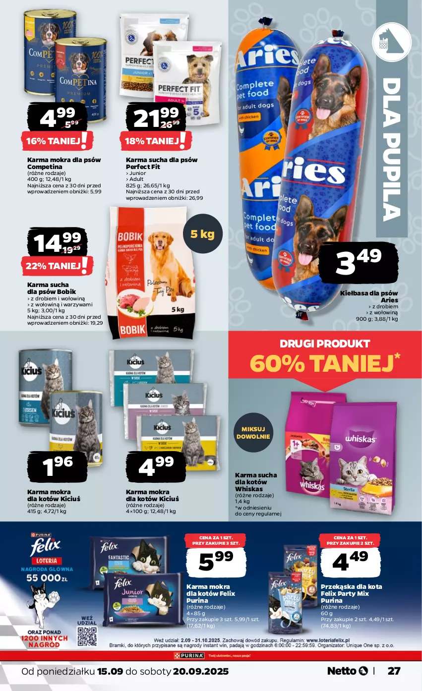 Gazetka promocyjna Netto - Od Poniedziałku - ważna 15.09 do 20.09.2025 - strona 27 - produkty: Felix, Karma mokra dla kotów, Kiełbasa, Pur, Purina, Warzywa, Whiskas