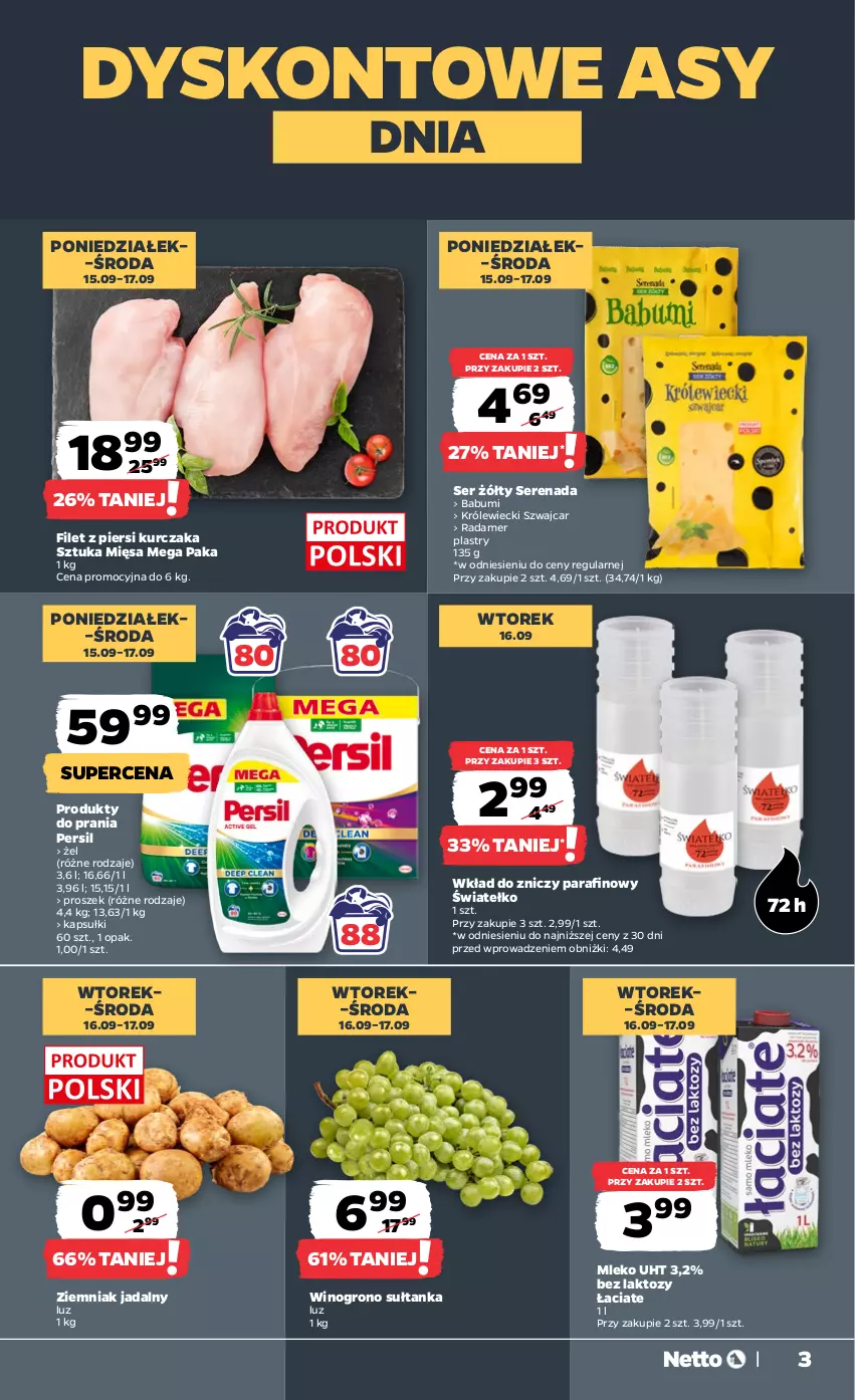 Gazetka promocyjna Netto - Od Poniedziałku - ważna 15.09 do 20.09.2025 - strona 3 - produkty: Filet z piersi kurczaka, Kurczak, Mleko, Persil, Radamer, Ser, Wino, Znicz