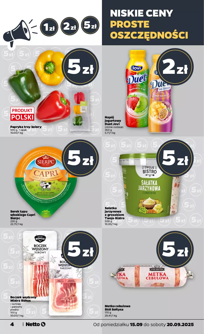 Gazetka promocyjna Netto - Od Poniedziałku - ważna 15.09 do 20.09.2025 - strona 4 - produkty: Boczek, Jogurt, Napój, Napój jogurtowy, Papryka, Sałat, Sałatka, Ser, Serek, Stół