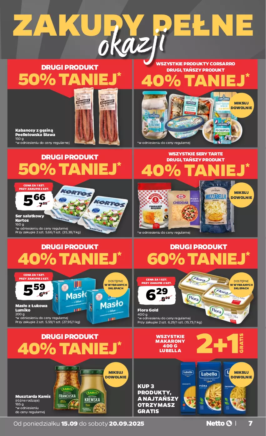 Gazetka promocyjna Netto - Od Poniedziałku - ważna 15.09 do 20.09.2025 - strona 7 - produkty: Bell, Bella, Flora, Gra, Kabanos, Kamis, Lubella, Makaron, Masło, Mus, Musztarda, Sałat, Ser