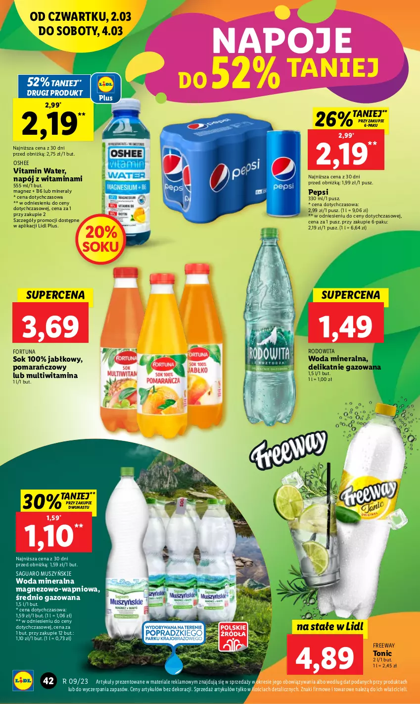 Gazetka promocyjna Lidl - GAZETKA - ważna 02.03 do 04.03.2023 - strona 46 - produkty: Fortuna, Magnez, Mus, Napój, Napoje, Oshee, Pepsi, Sok, Woda, Woda mineralna