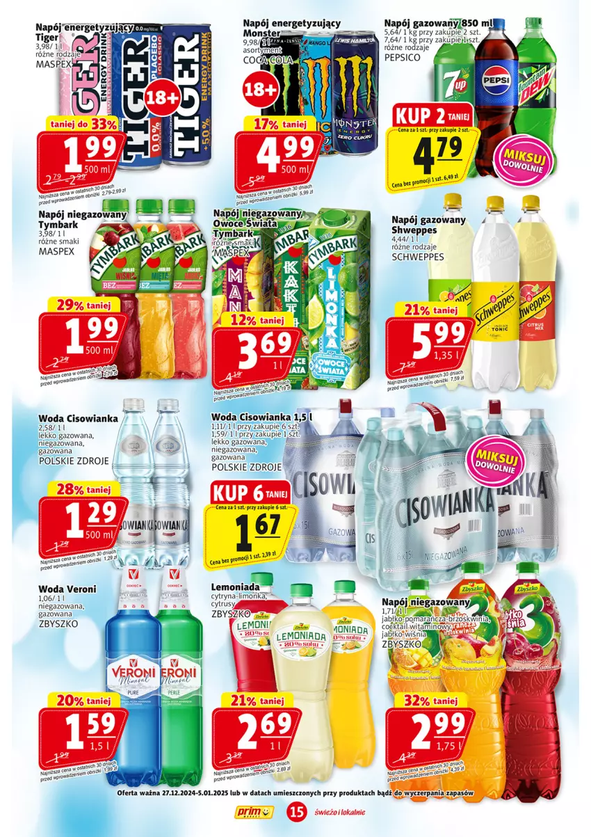 Gazetka promocyjna Prim Market - ważna 27.12.2024 do 05.01.2025 - strona 15 - produkty: Lemoniada, Limonka, Napój, Napój gazowany, Owoce, Pepsi, Schweppes, Tymbark, Woda