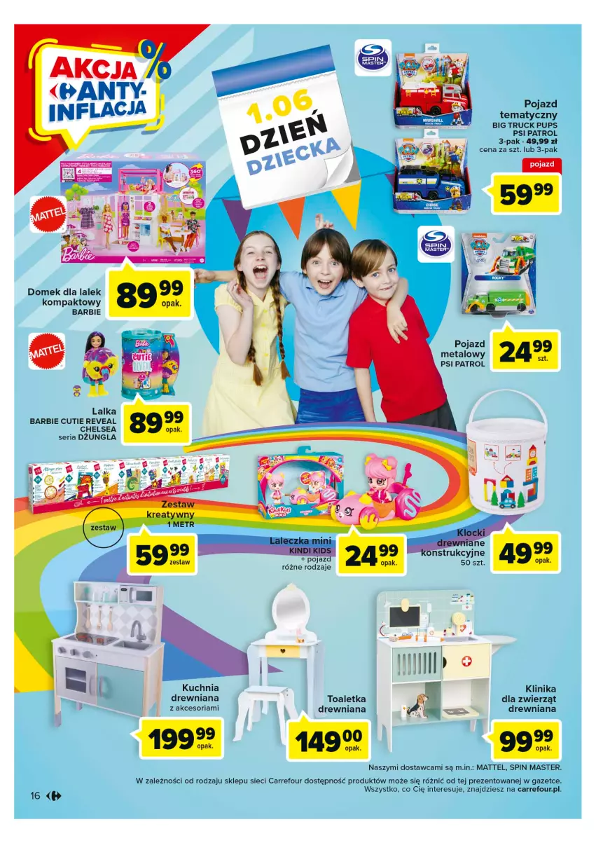 Gazetka promocyjna Carrefour - Gazetka Market - ważna 23.05 do 03.06.2023 - strona 16 - produkty: Barbie, Domek dla lalek, Kuchnia, Lalka, Mattel, Pojazd, Psi Patrol, Ser, Toaletka