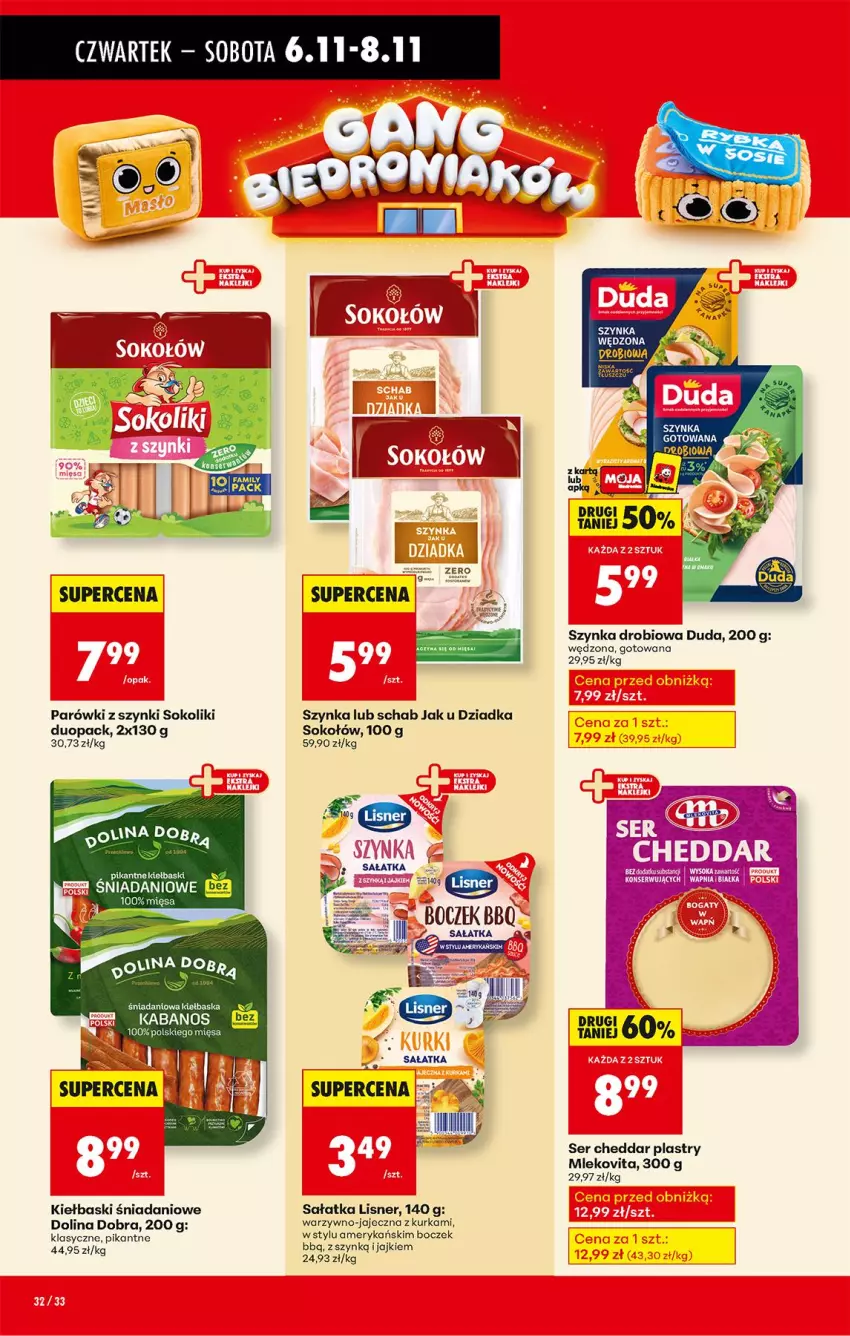 Gazetka promocyjna Biedronka - Od Czwartku - ważna 06.11 do 12.11.2025 - strona 40 - produkty: Boczek, Cheddar, Danio, Duda, Kabanos, Lisner, Mleko, Mlekovita, Parówki, Parówki z szynki, Sałat, Sałatka, Ser, Sok, Sokołów, Szynka