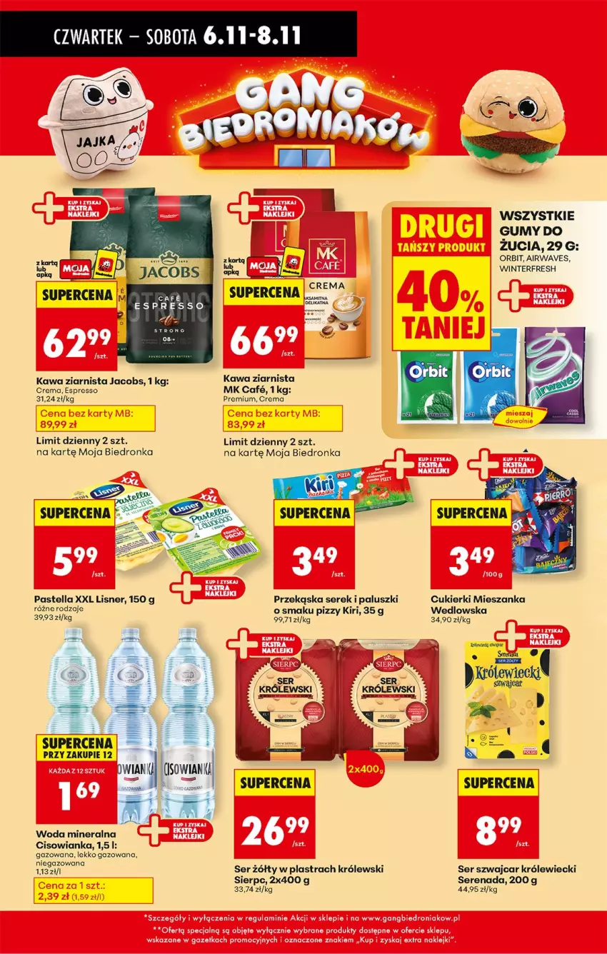 Gazetka promocyjna Biedronka - Od Czwartku - ważna 06.11 do 12.11.2025 - strona 42 - produkty: Cisowianka, Cukier, Cukierki, Jacobs, Kawa, Kawa ziarnista, Królewski, Lisner, Mieszanka wedlowska, Orbit, Pastella, Ser, Serek, Woda, Woda mineralna