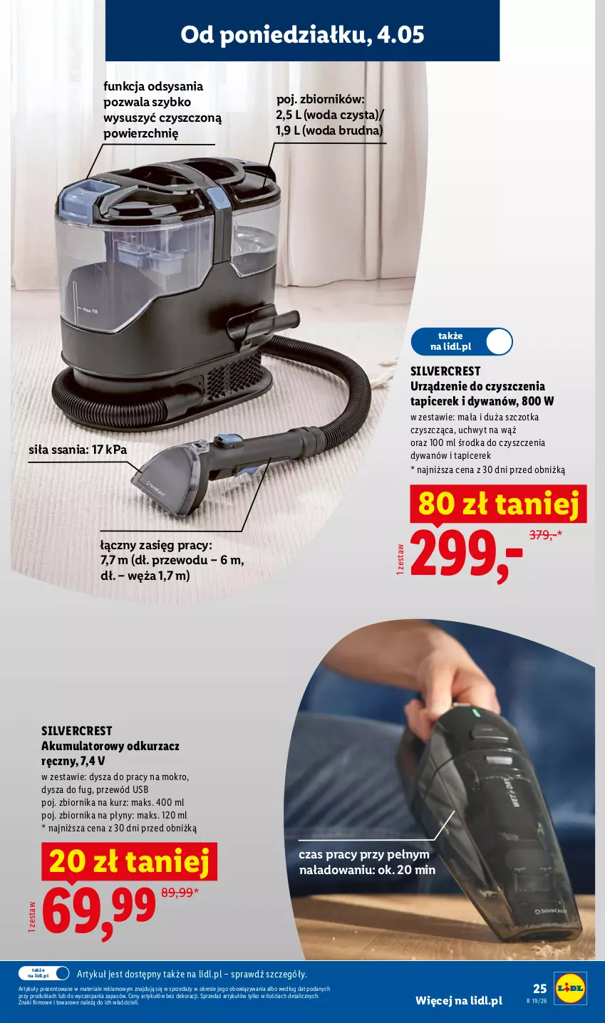 Gazetka promocyjna Lidl - Katalog ważny od 4.05 - ważna 04.05 do 09.05.2026 - strona 25 - produkty: Akumulator, Dywan, Odkurzacz, Przewód, Silvercrest, Szczotka, Woda