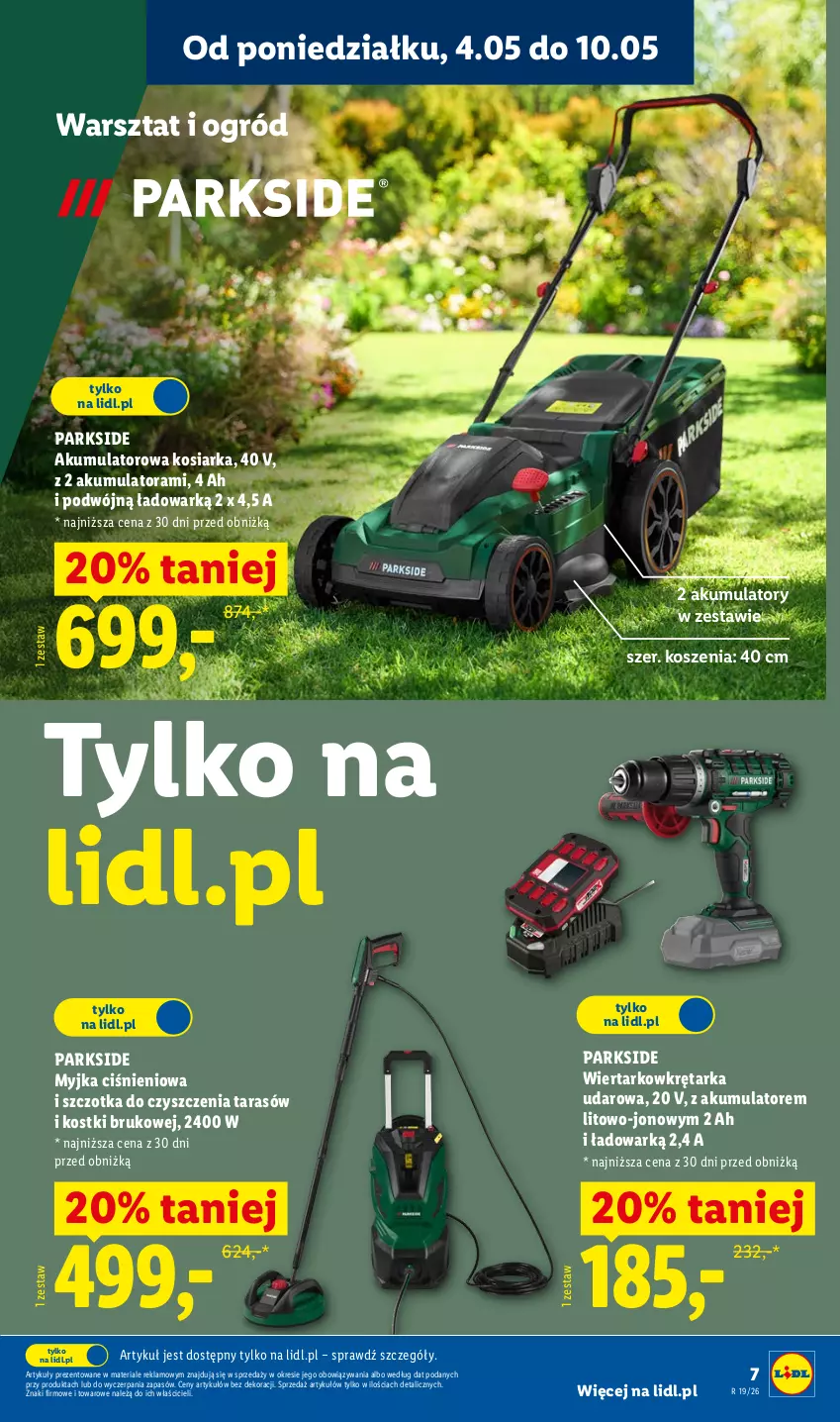 Gazetka promocyjna Lidl - Katalog ważny od 4.05 - ważna 04.05 do 09.05.2026 - strona 47 - produkty: Akumulator, Kosiarka, Kosz, Myjka ciśnieniowa, Ogród, Parkside, Szczotka, Tarka, Wiertarkowkrętarka, Wkręt, Wkrętarka
