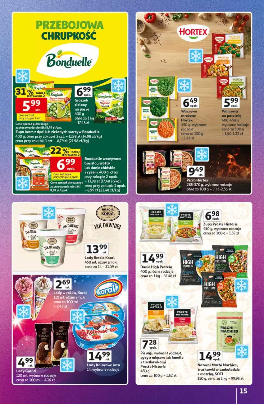 Gazetka promocyjna Auchan - Znane Marki Hipermarket - ważna 23.04 do 30.04.2026 - strona 15 - produkty: Bonduelle, Groszek, Hortex, Knedle, Lody, Pierogi, Ryż, Truskawki, Warzywa, Zupa