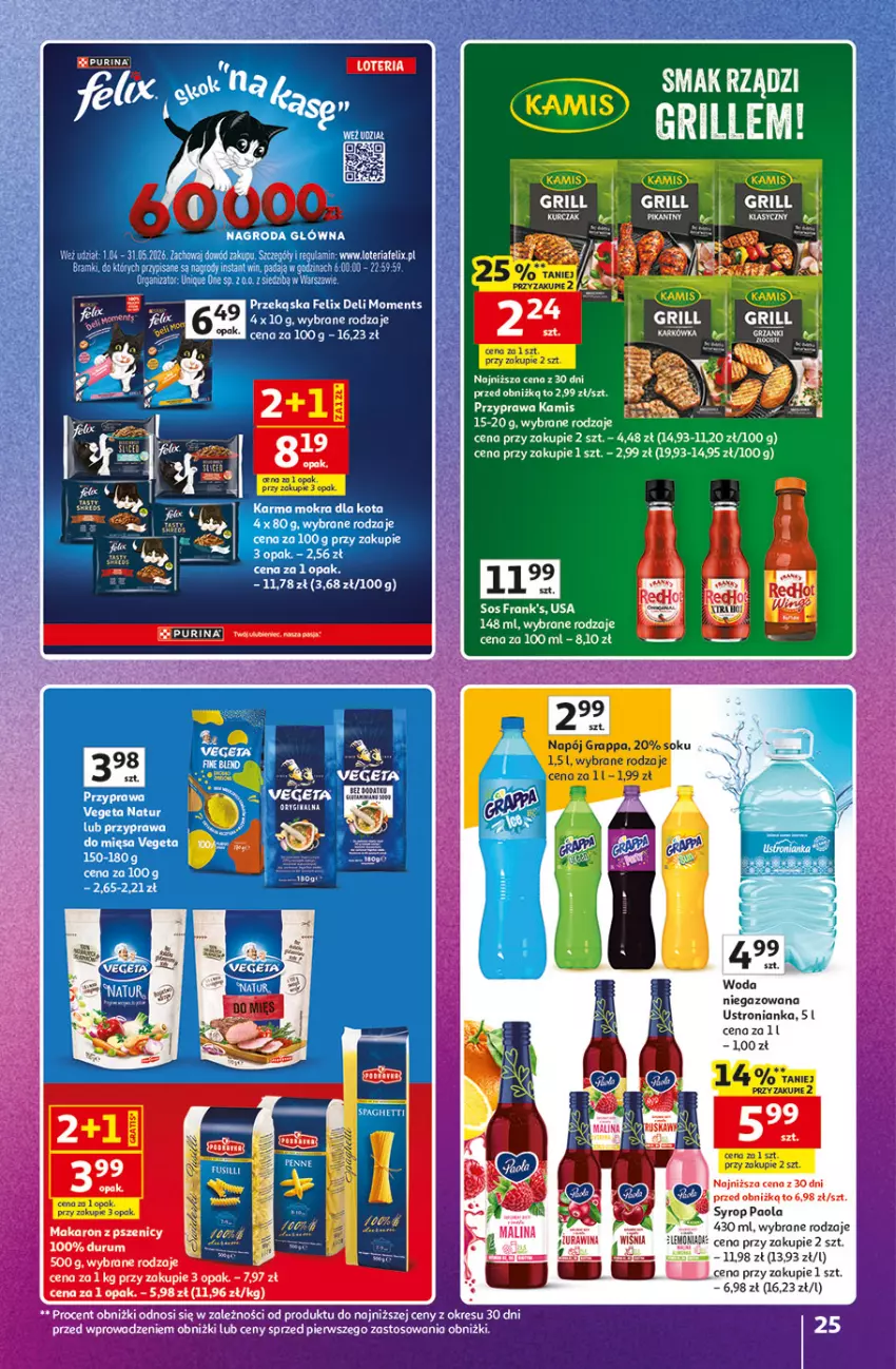 Gazetka promocyjna Auchan - Znane Marki Hipermarket - ważna 23.04 do 30.04.2026 - strona 25 - produkty: Felix, Gra, Grappa, Kamis, Makaron, Moments, Napój, Paola, Rum, Sok, Sos, Vegeta, Vegeta Natur, Woda, Woda niegazowana