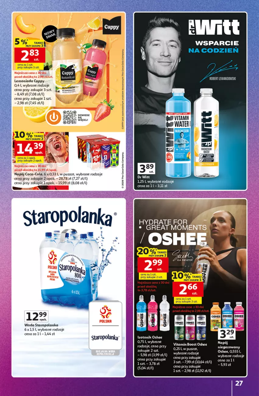 Gazetka promocyjna Auchan - Znane Marki Hipermarket - ważna 23.04 do 30.04.2026 - strona 27 - produkty: Cappy, Coca-Cola, Fa, Lemoniada, Napój, Oshee, Sok, Staropolanka, Tonik, Woda