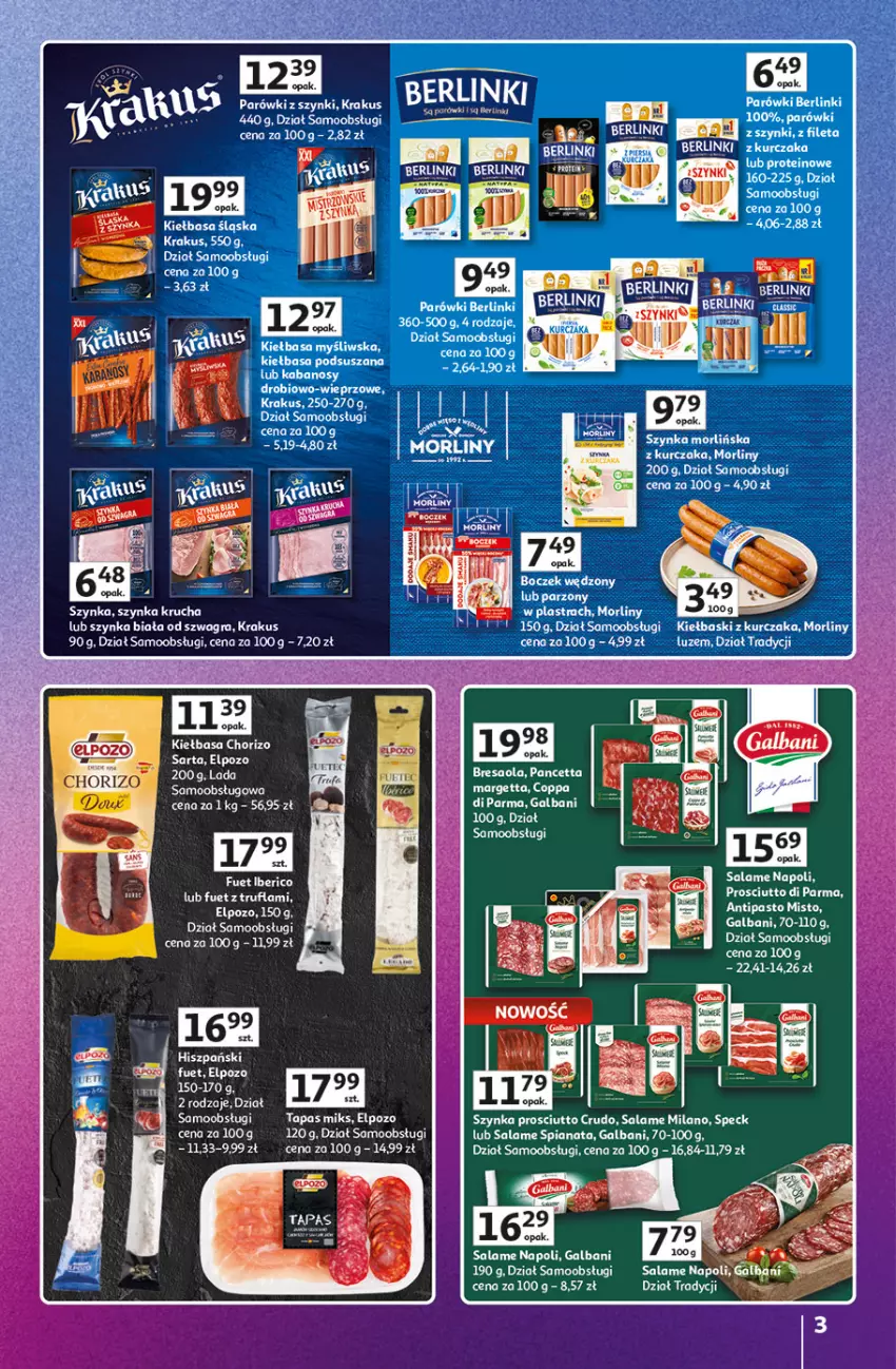 Gazetka promocyjna Auchan - Znane Marki Hipermarket - ważna 23.04 do 30.04.2026 - strona 3 - produkty: Berlinki, Galbani, Gra, Kiełbasa, Krakus, Kurczak, LG, Morliny, Parówki, Parówki z szynki, Prosciutto, Szynka, Szynka biała