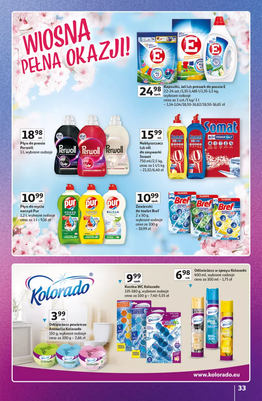 Gazetka promocyjna Auchan - Znane Marki Hipermarket - ważna 23.04 do 30.04.2026 - strona 33 - produkty: Bref, Kolorado, Odświeżacz powietrza, Perwoll, Płyn do mycia, Płyn do prania, Proszek do prania, Pur, Sól, Somat, Zawieszki, Zmywarki