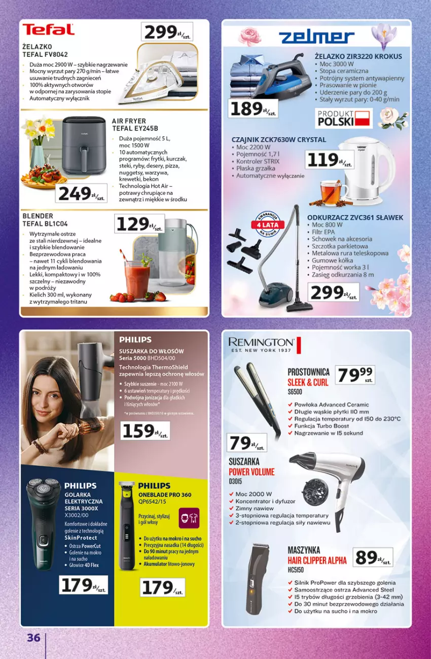Gazetka promocyjna Auchan - Znane Marki Hipermarket - ważna 23.04 do 30.04.2026 - strona 36 - produkty: 5 Sekund, Akumulator, Beko, Blender, Czajnik, Deser, Fa, Frytki, Golarka, Gra, Grzałka, Kontroler, Krewetki, Krokus, Kurczak, Maszynka, Odkurzacz, Orka, Philips, Pizza, Por, Remington, Rura, Ser, SkinPro, Stek, Suszarka, Szczotka, Szynka, Tefal, Teleskop, Top, Warzywa