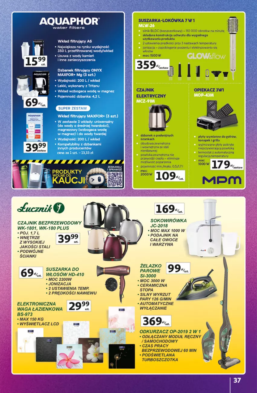 Gazetka promocyjna Auchan - Znane Marki Hipermarket - ważna 23.04 do 30.04.2026 - strona 37 - produkty: Aquaphor, Bieganie, Czajnik, Dzbanek, Dzbanek filtrujący, Grill, LANA, Lokówka, Magnez, Odkurzacz, Owoce, Suszarka, Szczotka, Termos, Top, Waga, Waga łazienkowa, Warzywa, Wkład filtrujący