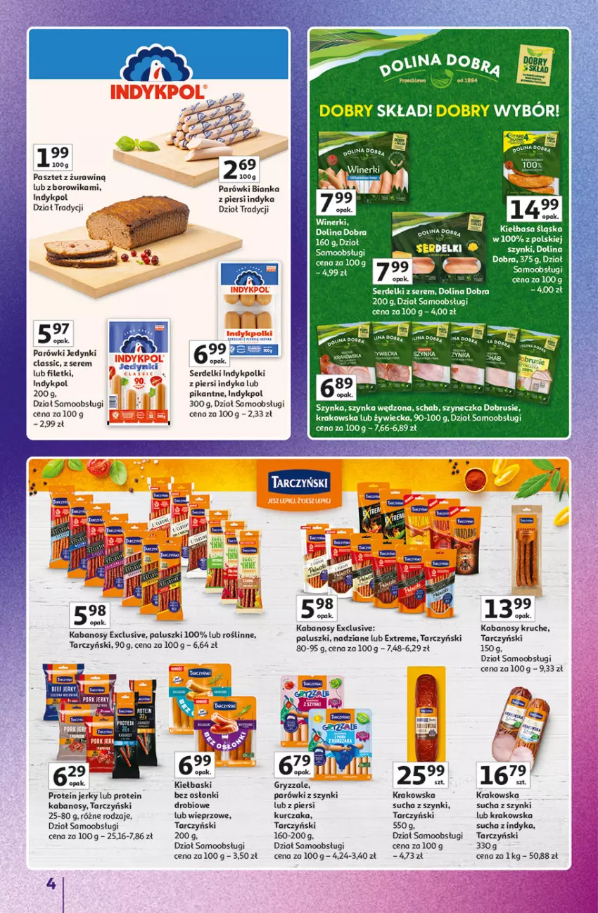 Gazetka promocyjna Auchan - Znane Marki Hipermarket - ważna 23.04 do 30.04.2026 - strona 4 - produkty: Bianka, Gry, Jerky, Kabanos, Kiełbasa, Kiełbasa śląska, Kurczak, Obrus, Parówki, Parówki z szynki, Pasztet, Ser, Serdelki, Szynka, Tarczyński
