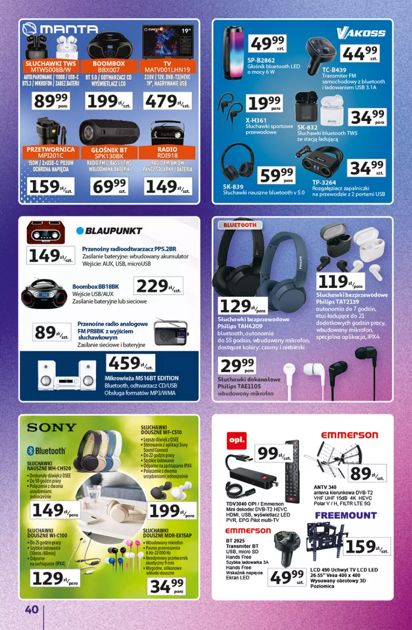 Gazetka promocyjna Auchan - Znane Marki Hipermarket - ważna 23.04 do 30.04.2026 - strona 40 - produkty: Akumulator, Głośnik, Mikrofon, Mikrowieża, Philips, Poziomica, Radioodtwarzacz, Silan, Słuchawki, Tran, Transmiter, Warka