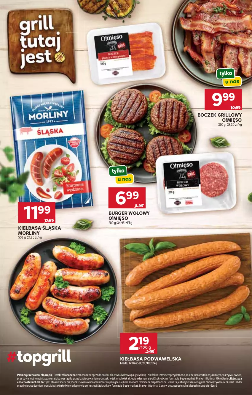Gazetka promocyjna Stokrotka - Supermarket - ważna 28.05 do 01.06.2026 - strona 18 - produkty: Boczek, Burger, Grill, Kiełbasa, Kiełbasa podwawelska, Kiełbasa śląska, Mięso, Morliny, Optima, Owoce, Warzywa, Wawel