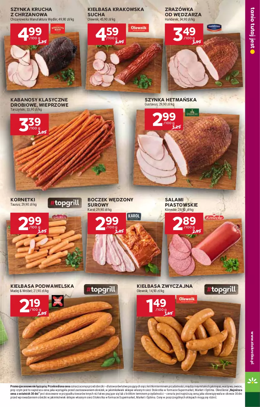 Gazetka promocyjna Stokrotka - Supermarket - ważna 28.05 do 01.06.2026 - strona 21 - produkty: Boczek, Chrzan, Fa, Kabanos, Kiełbasa, Kiełbasa krakowska, Kiełbasa podwawelska, Mięso, Olewnik, Optima, Owoce, Piast, Salami, Szynka, Tarczyński, Warzywa, Wawel
