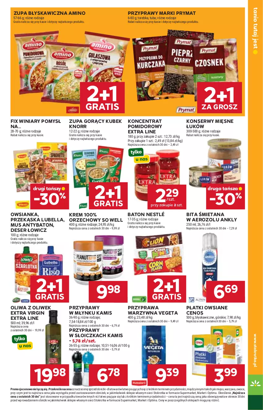 Gazetka promocyjna Stokrotka - Supermarket - ważna 28.05 do 01.06.2026 - strona 27 - produkty: Baton, Bell, Bella, Cenos, Deser, Gin, Gra, Kamis, Knorr, Koncentrat pomidorowy, Kubek, Lubella, Mięso, Mus, Nestlé, Oliwa, Oliwa z oliwek, Optima, Owoce, Owsianka, Płatki owsiane, Prymat, Przyprawy, Ser, Torebka, Vegeta, Warzywa, Winiary, Zupa