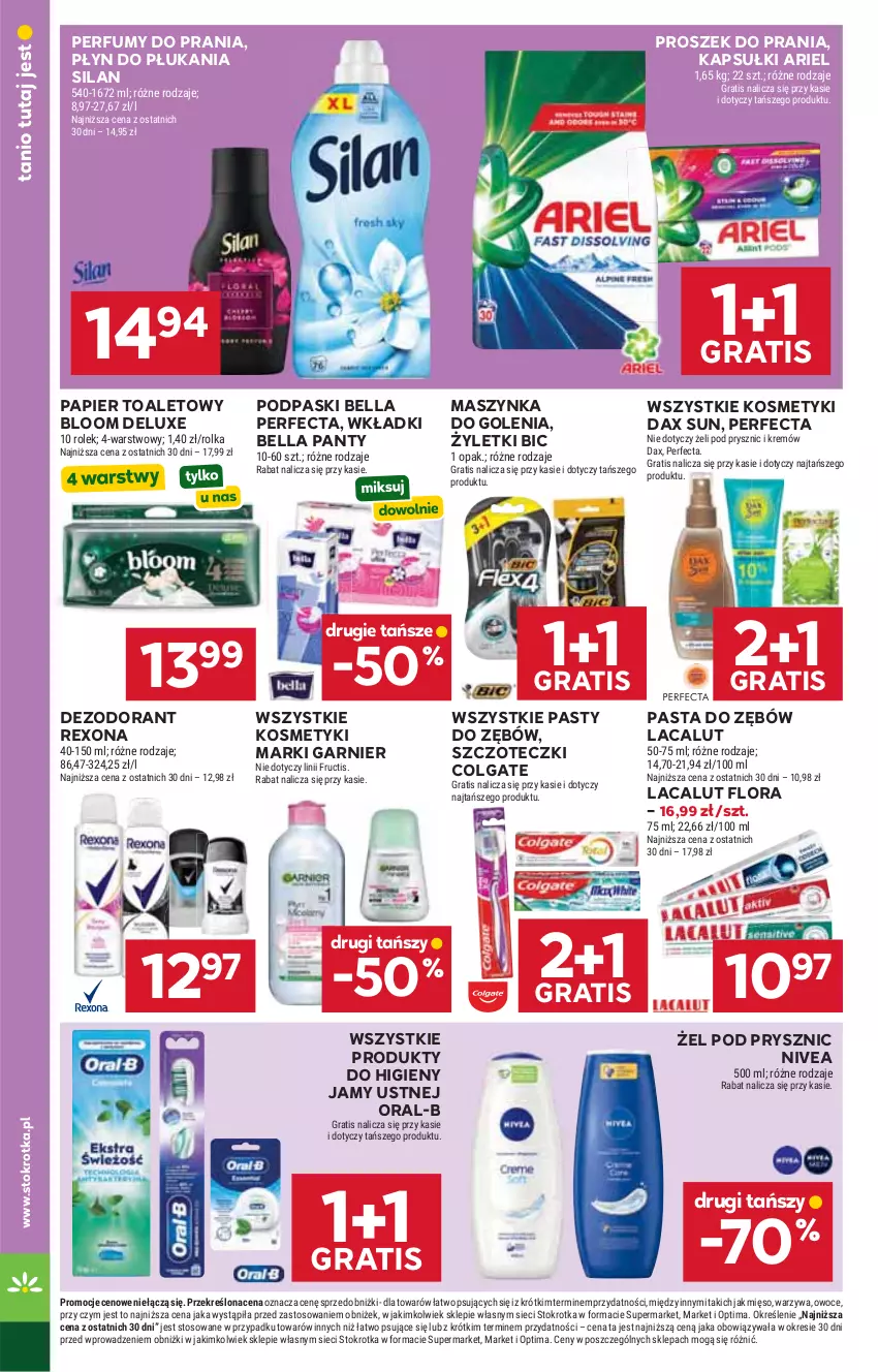 Gazetka promocyjna Stokrotka - Supermarket - ważna 28.05 do 01.06.2026 - strona 36 - produkty: Ariel, Bell, Bella, BIC, Colgate, DAX, Dezodorant, Flora, Fructis, Garnier, Gra, Lacalut, LG, Maszynka, Maszynka do golenia, Mięso, Nivea, Optima, Owoce, Papier, Papier toaletowy, Pasta do zębów, Perfecta, Perfum, Płyn do płukania, Podpaski, Proszek do prania, Rexona, Silan, Szynka, Warzywa, Wkładki