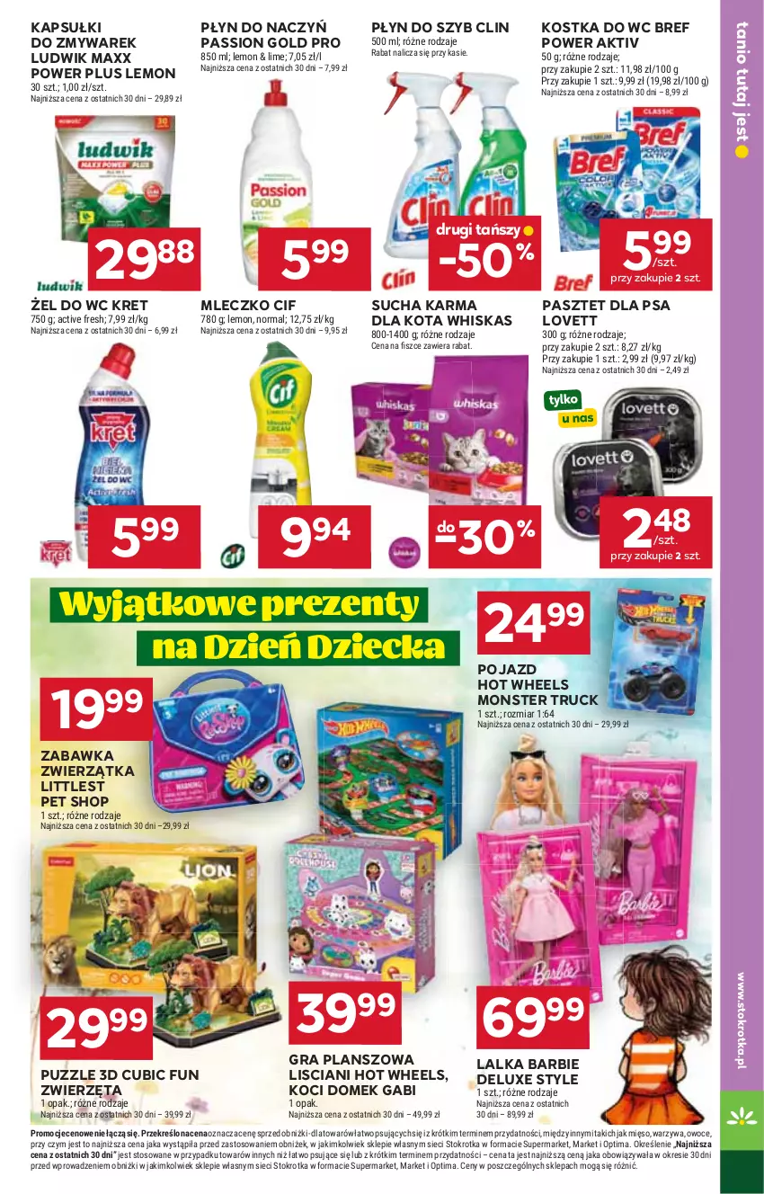 Gazetka promocyjna Stokrotka - Supermarket - ważna 28.05 do 01.06.2026 - strona 37 - produkty: Barbie, BIC, Bref, Cif, Clin, Gra, Hot Wheels, Koc, Kostka do wc, Kret, Lalka, Littlest Pet Shop, Ludwik, Mięso, Mleczko, Monster truck, Optima, Owoce, Pasztet, Płyn do szyb, Pojazd, Puzzle, Sucha karma, Warzywa, Whiskas, Zabawka, Zwierzęta