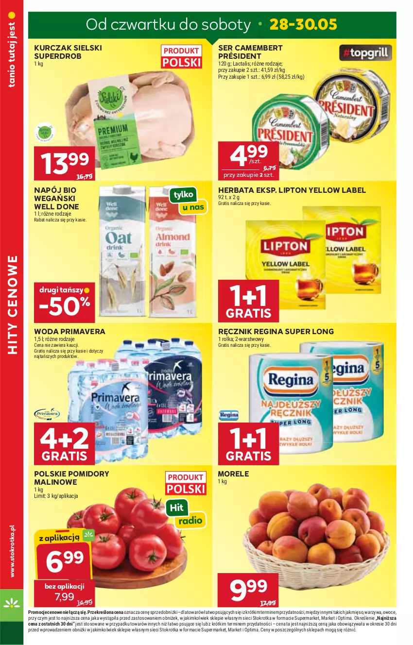 Gazetka promocyjna Stokrotka - Supermarket - ważna 28.05 do 01.06.2026 - strona 4 - produkty: Camembert, Gin, Gra, Herbata, Kurczak, Lipton, Mięso, Napój, Optima, Owoce, Pomidory, Président, Prima, Primavera, Ręcznik, Ser, Warzywa, Woda
